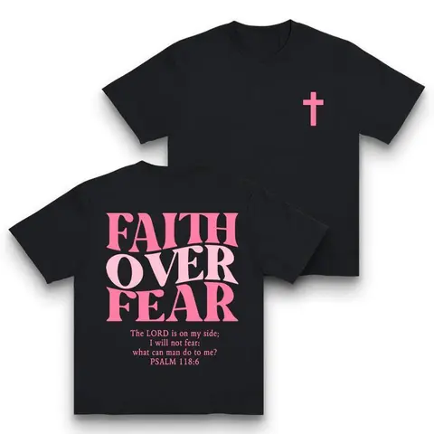 Women's Faith Over Fear Cotton Graphic T-Shirt - Fitted Crew Neck Tee, Vintage Urban Streetwear, Soft Breathable, Bold Inspirational Quote with Minimalist Cross, All Seasons Church Casual Gym Top