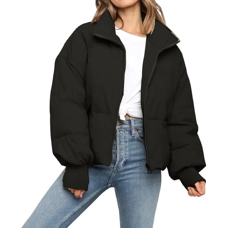 Women's Oversized Cropped Puffer Jacket, Casual Satin Quilted Long Sleeve Zip Up Winter Outerwear with Pockets, Tops