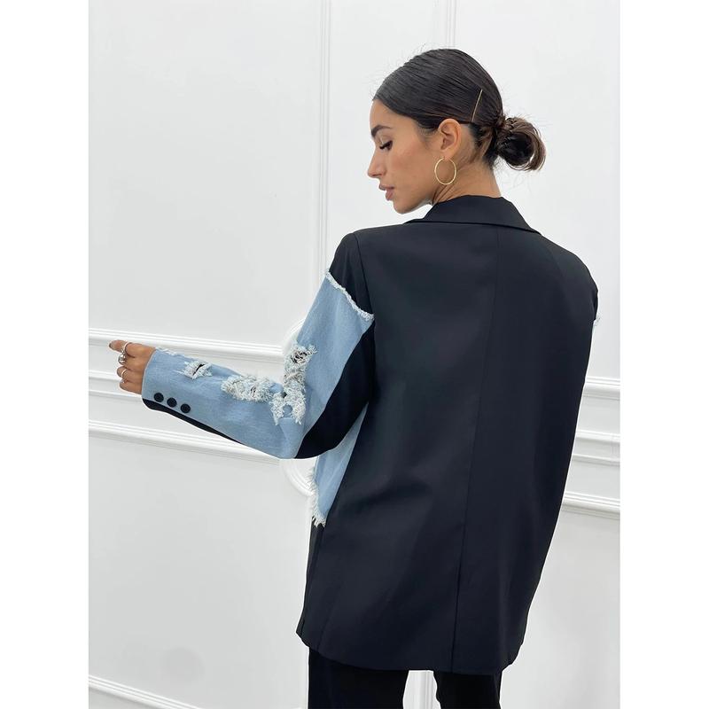 Women's Distressed Denim Patchwork Black Blazer, A Niche, Designer-style Loose Casual Color-block Jacket, Perfect For Spring, Autumn And Winter