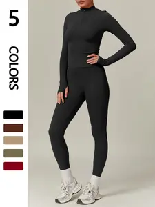 Women's Solid Half Zip Long Sleeve Top & Leggings Tracksuit Set, Casual Comfy Breathable Sportswear Set for Yoga Gym Workout Running, Ladies Fall & Winter Sportswear