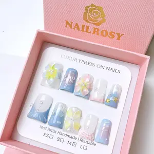 10Pcs Handmade Press on Nails, Pressed on Nails Kit Long Duck Red Line Art Halloween Japanese Style, Korea Style, French Style Glossy Finish Shimmery Manicure