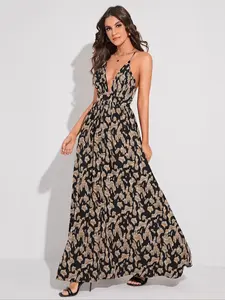 Women's Leopard Print Deep V Neck Cami Dress, Spaghetti Strap, Fashion Casual Sleeveless Long Dress for Holiday Vacation Daily Wear, Party Dress, Ladies Dress for Summer, Dresses For Party