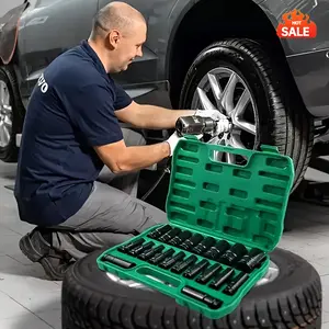1/2 Inch Deep Impact Socket Set with Green Storage Case for Tire Removal Mechanical Repairs Car Maintenance Works with Electric Pneumatic Drills