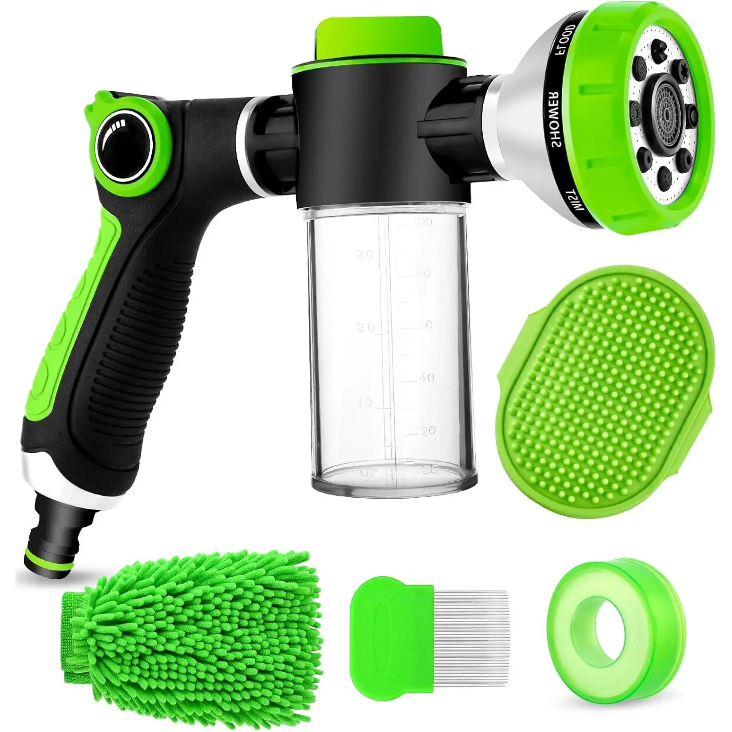 Upgrade Dog Washing Hose Attachment, Dog Shower Attachment with Soap Dispenser, Dog Shampoo Hose Attachment with Pet Bath Brush Car Wash Mitt & Dog Comb for Showering Pet (Hose Not Include)