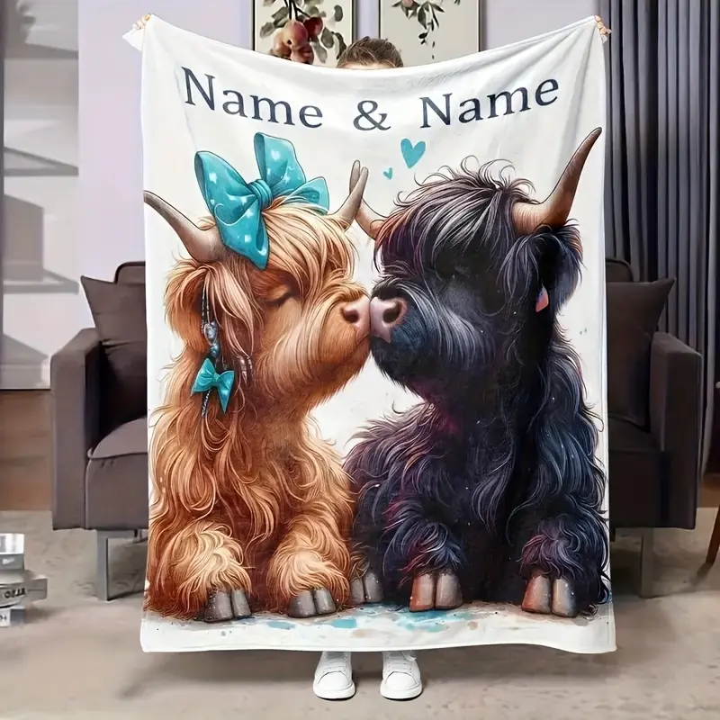 Cute Highland Cow Cartoon Customized Blanket - 60x80 in Super Soft Breathable Polyester Modern Flannel, All-Seasons Comfort, "Name and Name" Design, Machine Washable, Durable, Stain Resistant - Ideal for Sofa, Bed