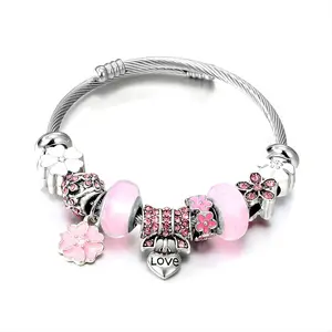 Love Theme Cable Charm Bracelet for Women by Ginger Lyne Alloy Pink Italian Style Beads Valentines Gift