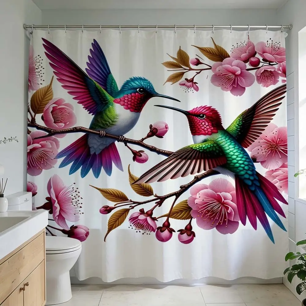 1 Pc Elevate bathroom design with hummingbird floral Print shower curtain perfect for home decoration and bathroom renovation enhance style with colorful nature-inspired patterns immerse in luxury and transform your space into a stunning tropical oasis