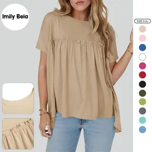 Imily Bela Womens Summer Babydoll Tunic Tops Pleated Short Sleeve Crew Neck Peplum T Shirts Casual Loose Fit Outfits