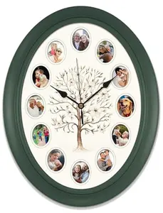 Family Tree Photo Wall Clock 14-Inch Oval Personalized Picture Frame Clock Green Home Decor Gift