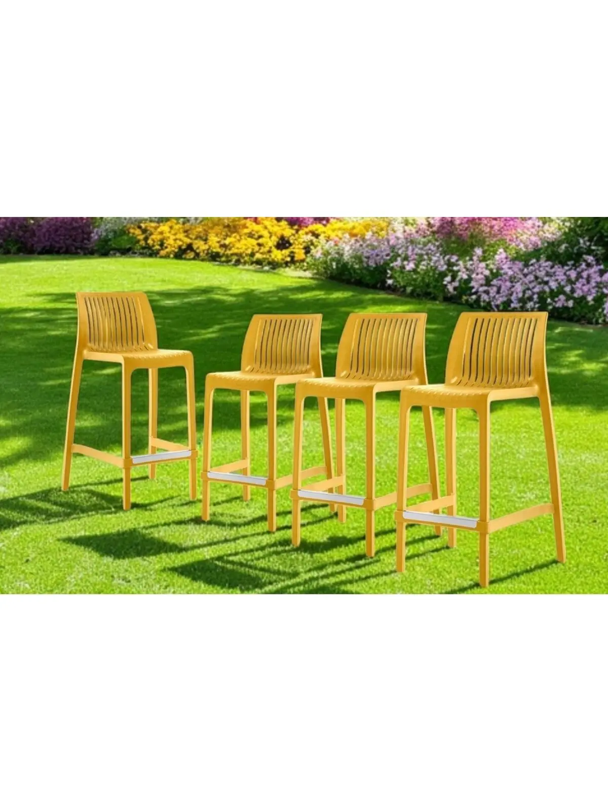 HomeRoots 565358 26 in. Yellow Heavy Duty Plastic Low Back Counter Height Bar Stools - Set of 4, Stackable Patio Chairs, Outdoor Counter Height Seating, Counter Height Bar Stool