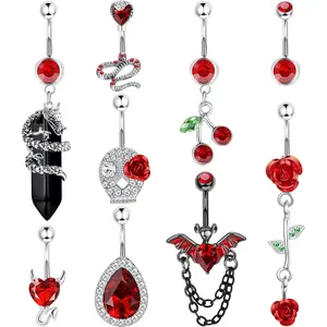 9Pcs 14G Belly Button Rings, Stainless Steel Navel Curved Barbells 10mm, Silver Dangly Long Belly Rings with Pink Zircon Heart & Butterfly Charms, Navel Piercing Jewelry for Women