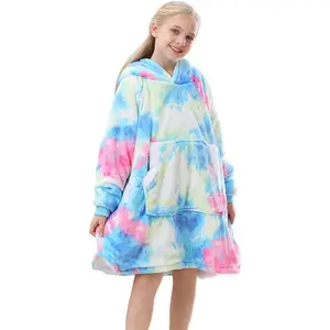 Blanket Hoodie for Kids Girls Boys Teens, Oversized Flannel & Sherpa Blankets with Hood Pocket and Sleeves