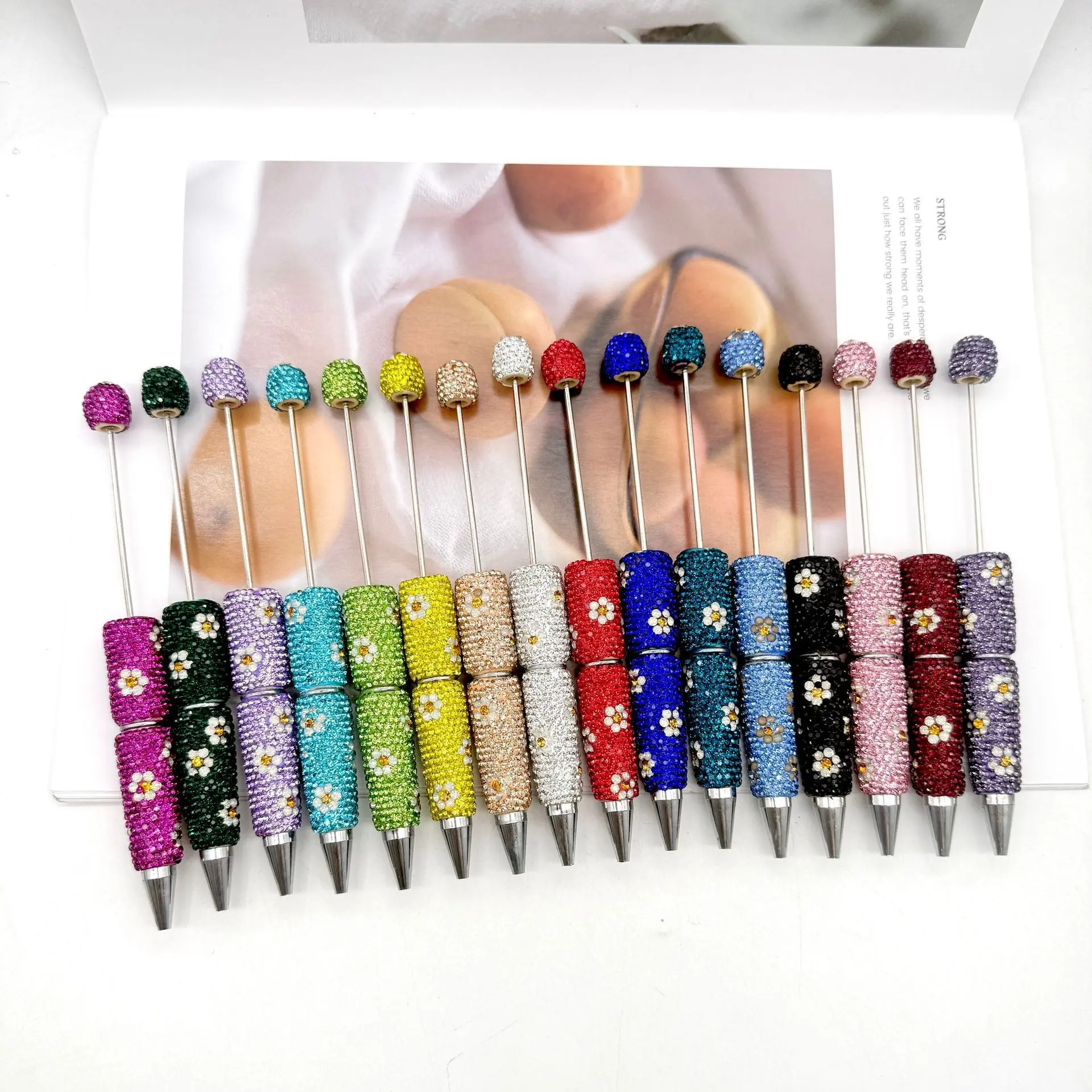 5pcs Fantasy Flower Acrylic Bead Pen Set, DIY Jewelry Making Kit with Plant Details, Handmade Gradient Creative Design, No Power Needed