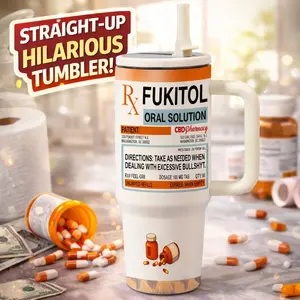 Auracup 1 Pc 40oz insulated mug, Stainless steel tumbler, pharmacy label print, double wall vacuum cup, leak proof travel thermal mug with handle, keeps drinks hot 12 hours and cold 24 hours, two color options, gag gift for women and men