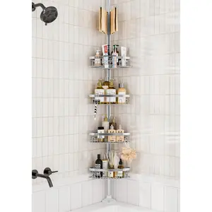 Rustproof Shower Corner  Shelf for Bathroom Tension Pole Organizer with 4 Baskets for Bathtub Shampoo Storage from 23.6 to 114.5 Inch with Towel Bar ()