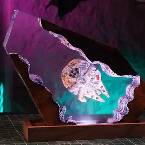 Handmade Space Ship Figurines Epoxy Resin Diorama with Wooden Base - Galactic Journey Desk Decor Ornament Gift for Galaxy Fans