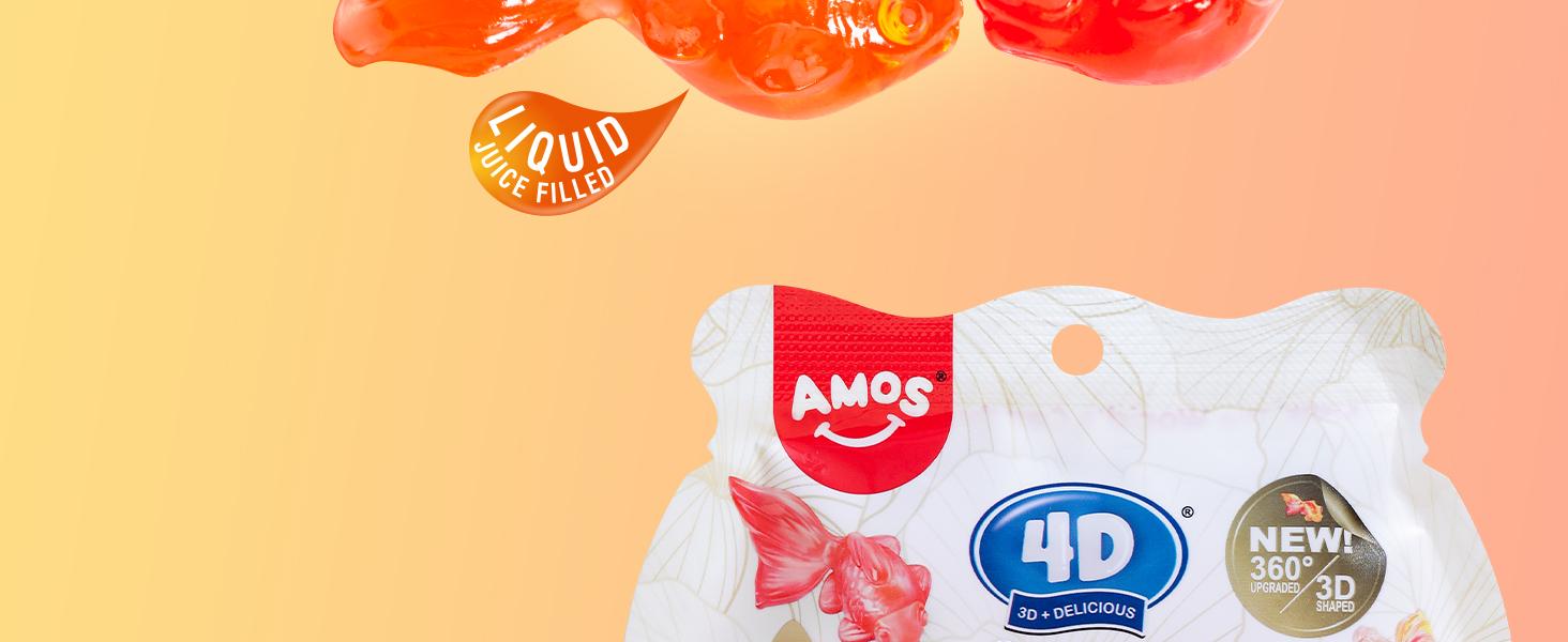 Amos 4D Gummy Lucky Fish Candy, 3D Goldfish-Shaped Gummies with Mango & Peach Juice, 65g per Bag, Gluten-Free Snack Amos 4D Gummy Lucky Fish Candy, 3D Goldfish-Shaped Gummies with Mango & Peach Juice, 65g per Bag, Gluten-Free Snack