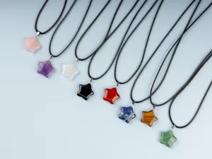 Star Pendant Crystal Necklace with 18" Black Cord, Natural Healing Crystal Jewelry Gift, Amethyst, Rose Quartz, Lapis Lazuli, Red Jasper