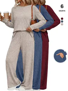 Women's Casual Knit Home Set, 2 Piece Sleepwear Set, Long Sleeve Top and Pants, Fitted Plain Pattern, Moderate Fabric, All Seasons