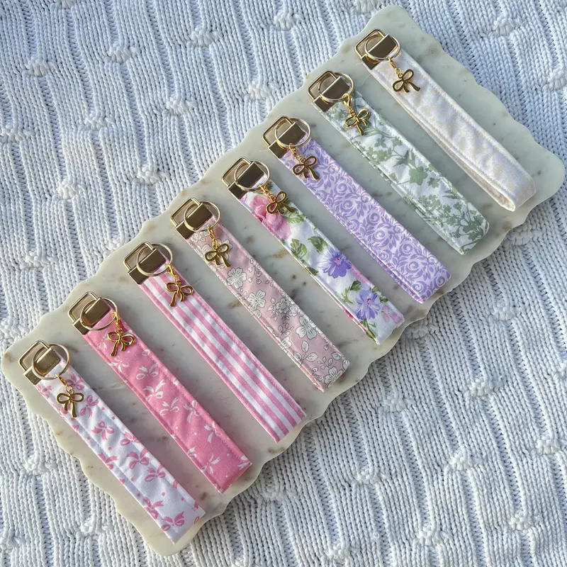 Handmade Fabric Wristlet Keychain with Bow Charm - Lanyard | wristlet keyring | Perfect for Keys and AirPods | Gift for friends and family