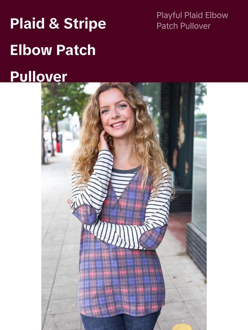 Feeling Playful Plaid/Stripe Outseam Stitch Elbow Patch Pullover