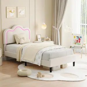 Twin Size Velvet Upholstered Smart LED Platform Bed Frame with Adjustable Headboard, Removable Light Strip, Wooden Slats Support, No Box Spring Needed, Beige