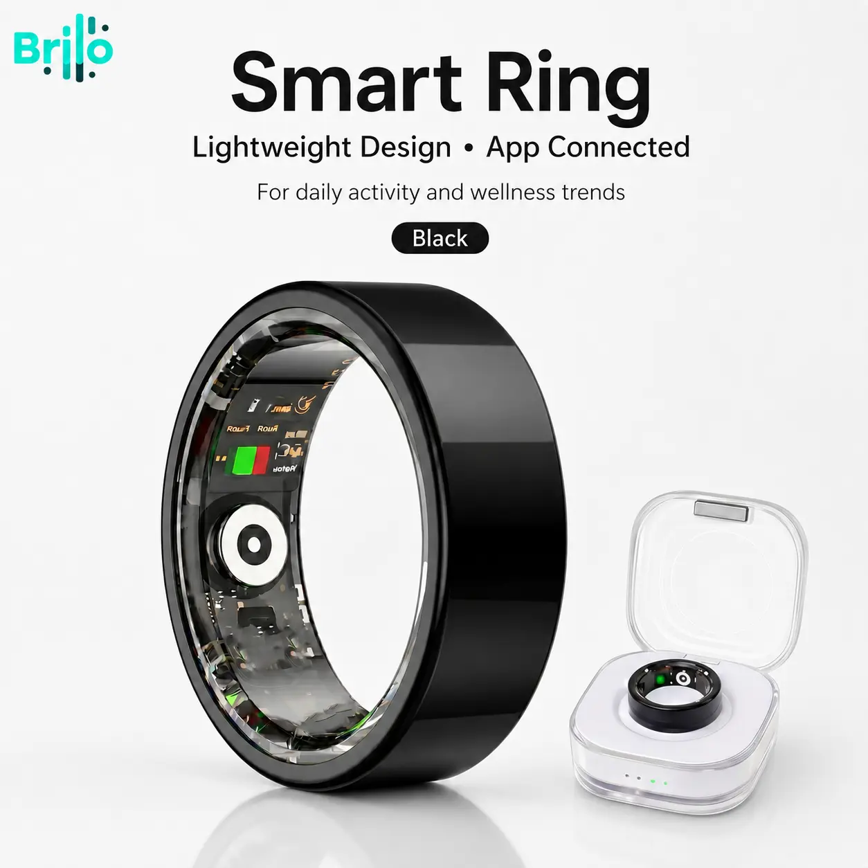 BRILO T12 Durable Smart Ring Activity Tracker - Wireless Charging Case Included, Free Sync App, No Monthly Fee, Step Counter, Sleep Insights, 1P68 Waterproof, Continuous Wear Figure Monitor