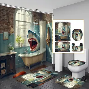 1/3/4PCS Shark Bathroom Shower Curtain set, Shark and Bathtub Bathroom Decor, Accessories with Bath Mat, U-shaped Mat, Toilet Lid Cover, 12 Hooks 180x180cm Curtain, Nautical Decor, Home Decor, bathroom accessories.