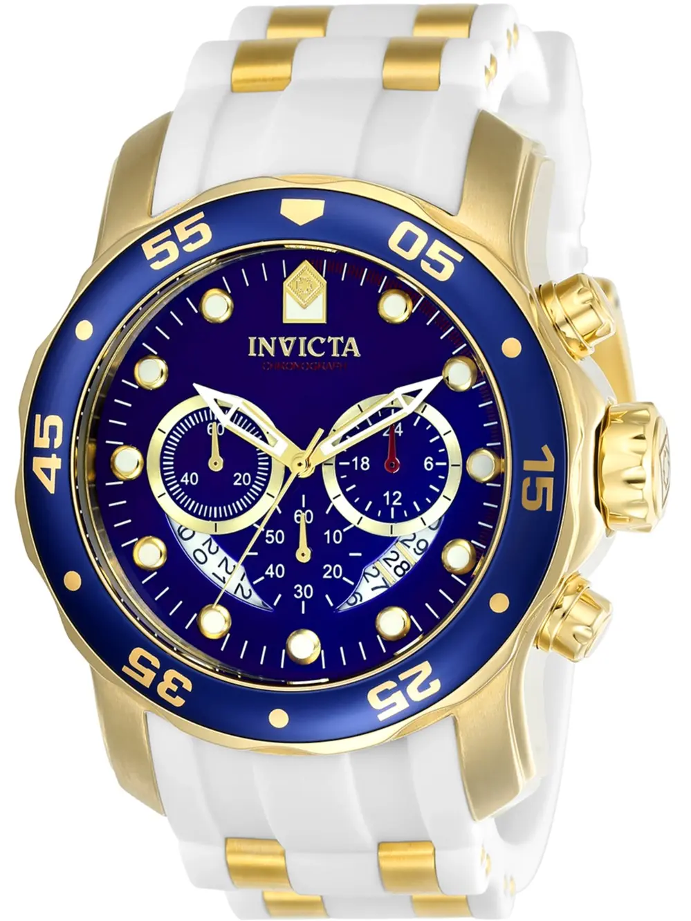 Invicta Men's Pro Diver Scuba Chronograph - 48mm Luxurious Round Glow-in-the-Dark Multi-Function Anti-Scratch Quartz Watch, Iconic Blue/Gold or White/Gold Silicone Strap, Authentic New in Box, Luxurious Quartz Watches, Round Quartz Watches