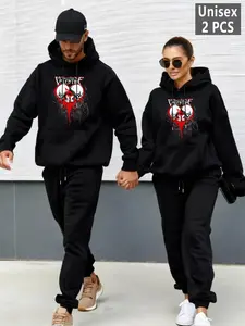 Couple Hooded Sweatpants Set, Love Warrior Print, Valentine's Day Exclusive, Outdoor Sportswear, Fall & Winter Fashion
