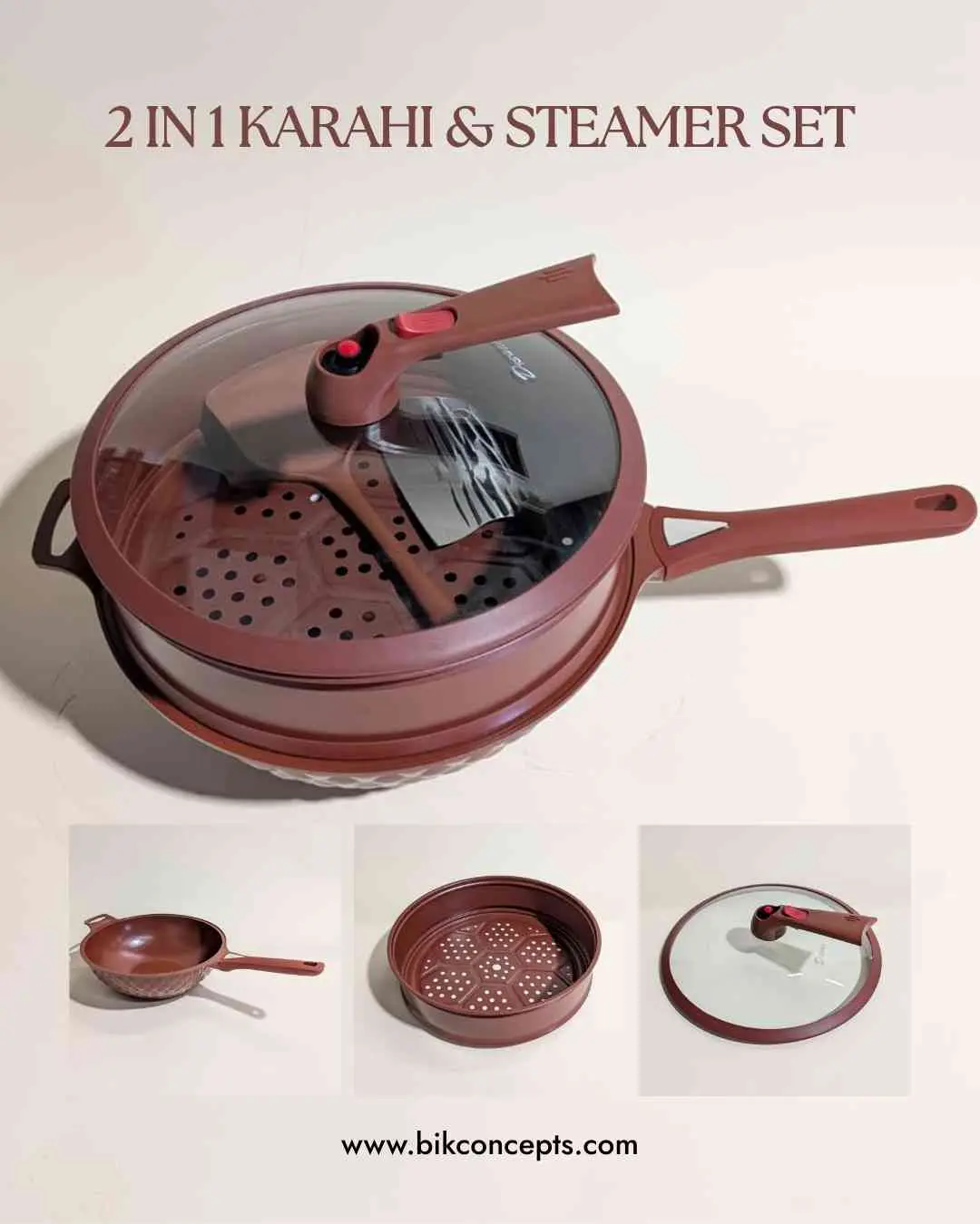 13" Aluminum Deep Karahi & Steamer Set with Chef Knife and Spatula