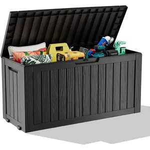 ROJIK Outdoor Storage Box with Wheels – 85 Gallon Mobile Waterproof Resin Deck Box, Lockable Storage for Patio Cushions, Garden Tools, Pool Accessories – UV-Resistant Storage Bench for Backyard & Deck