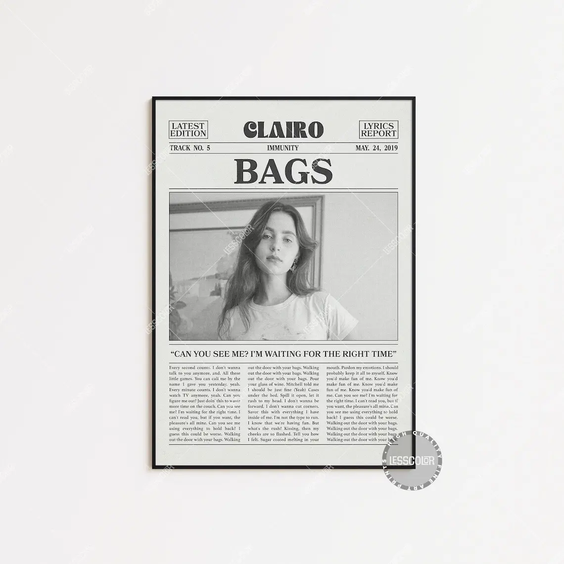 Clairo Retro Newspaper Print, Bags Poster, Bags Lyric Print, Clairo Poster, Immunity, diary 001, Sling Poster