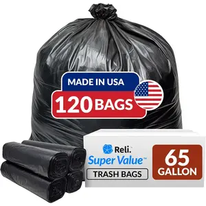 Supervalue 65 gallon trash bags 120 count made in usa heavy duty bulk black multiuse garbage bags