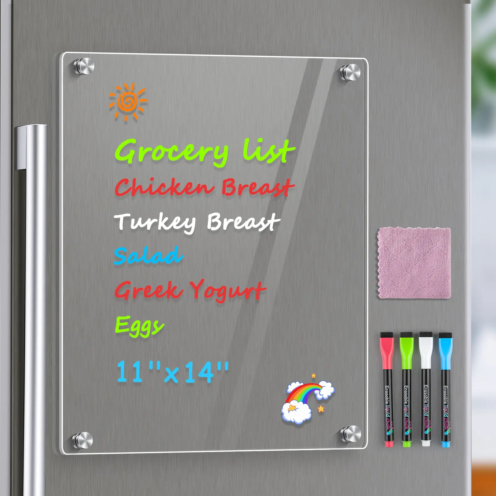 MaxGear 11"x14" Acrylic Magnetic Whiteboard for Fridge, Small Clear Refrigerator Dry Erase Board with 4 Markers and 1 Cloth, Smooth Writing and Easy Cleaning Blank Memo Grocery List for Home Planner
