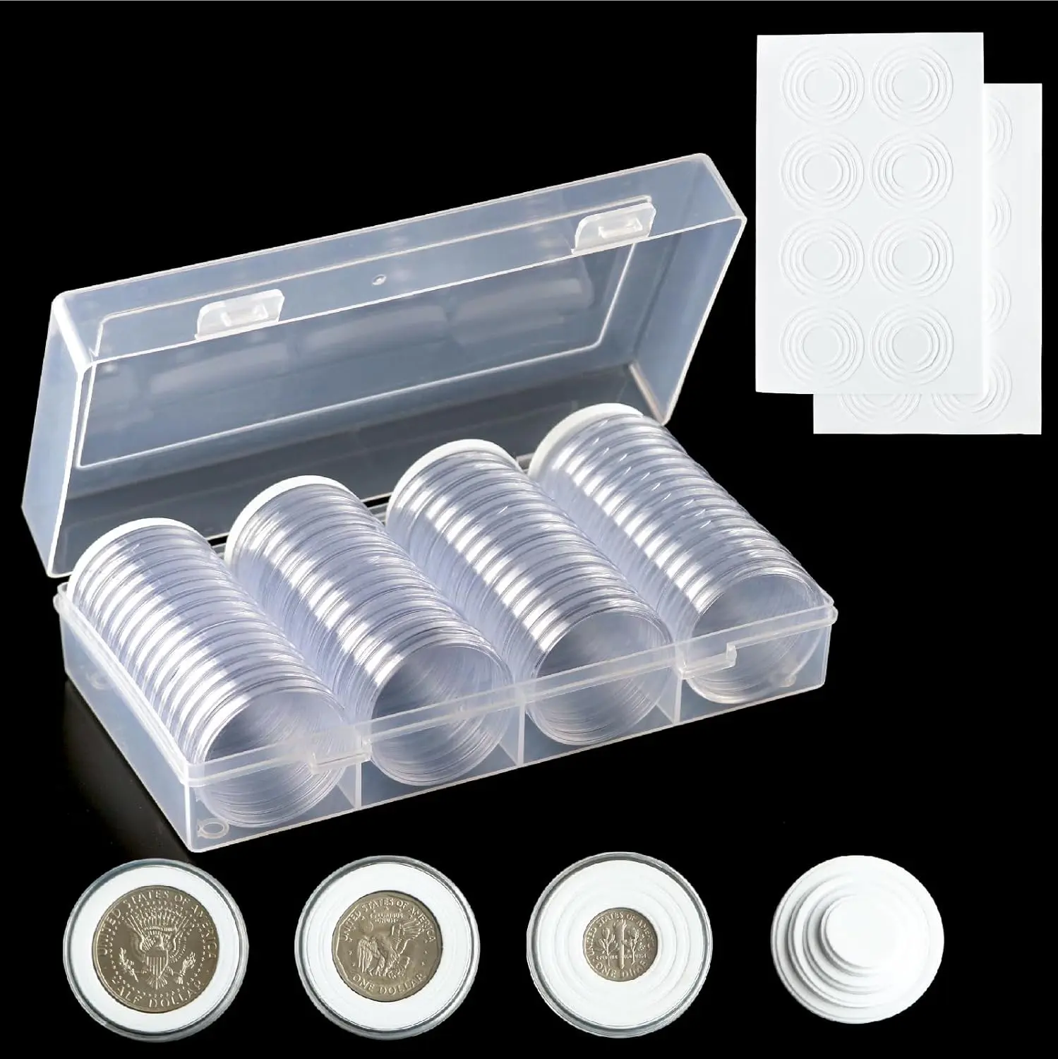 60-Piece Modern Round Plastic Coin Capsule Set (40.6mm) with 8 Sizes of Adjustable Foam Gaskets, Re-Sealable Sealed Capsule Storage Box, Home Organizer for Home Organization, Room Accessories, Capsule Storage Boxes