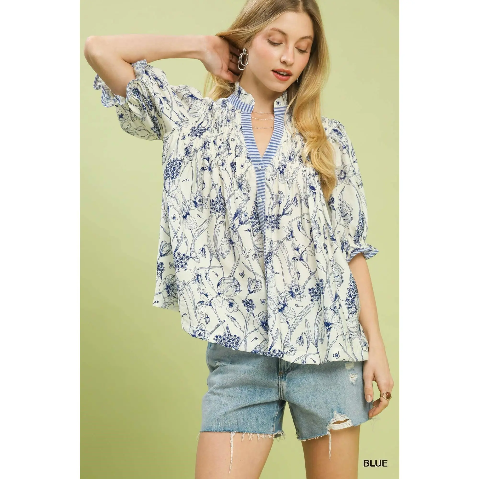 Umgee Mixed Print Button Front Top