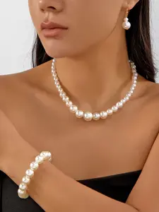3 Piece Faux Pearl Necklace Bracelet Earrings Set, Elegant Jewelry for Women, Perfect Gift Idea, Stylish Accessory for Any Occasion