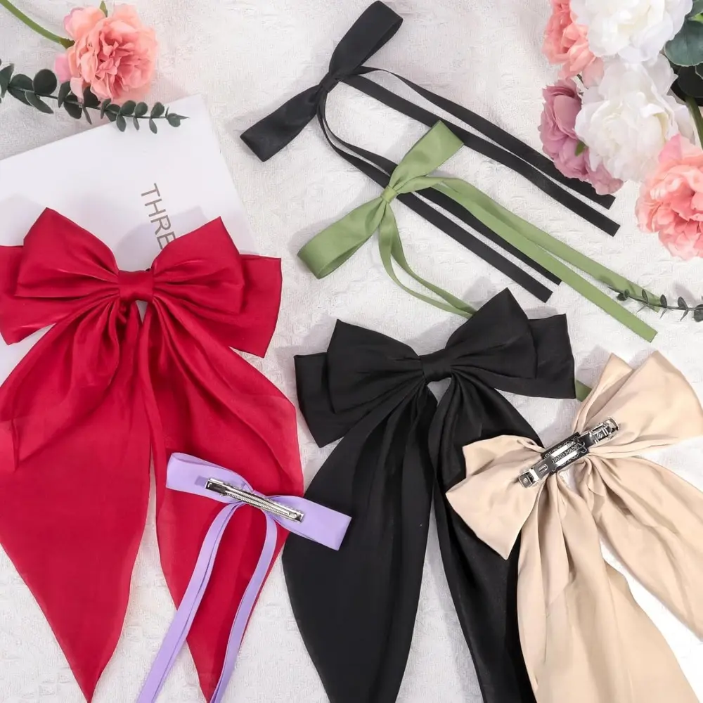 12 PCS Elegant Ballet-Style Bow Barrettes Hair Clips, Large Silky Satin Hair Accessories for Women with Long Tails, Soft Pastel Colors