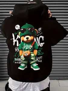 Men's Fall Winter Casual Hoodie with Pocket, Cartoon Bear Graffiti Print, Comfortable Fabric, Loose-Fitting Style for Daily Wear