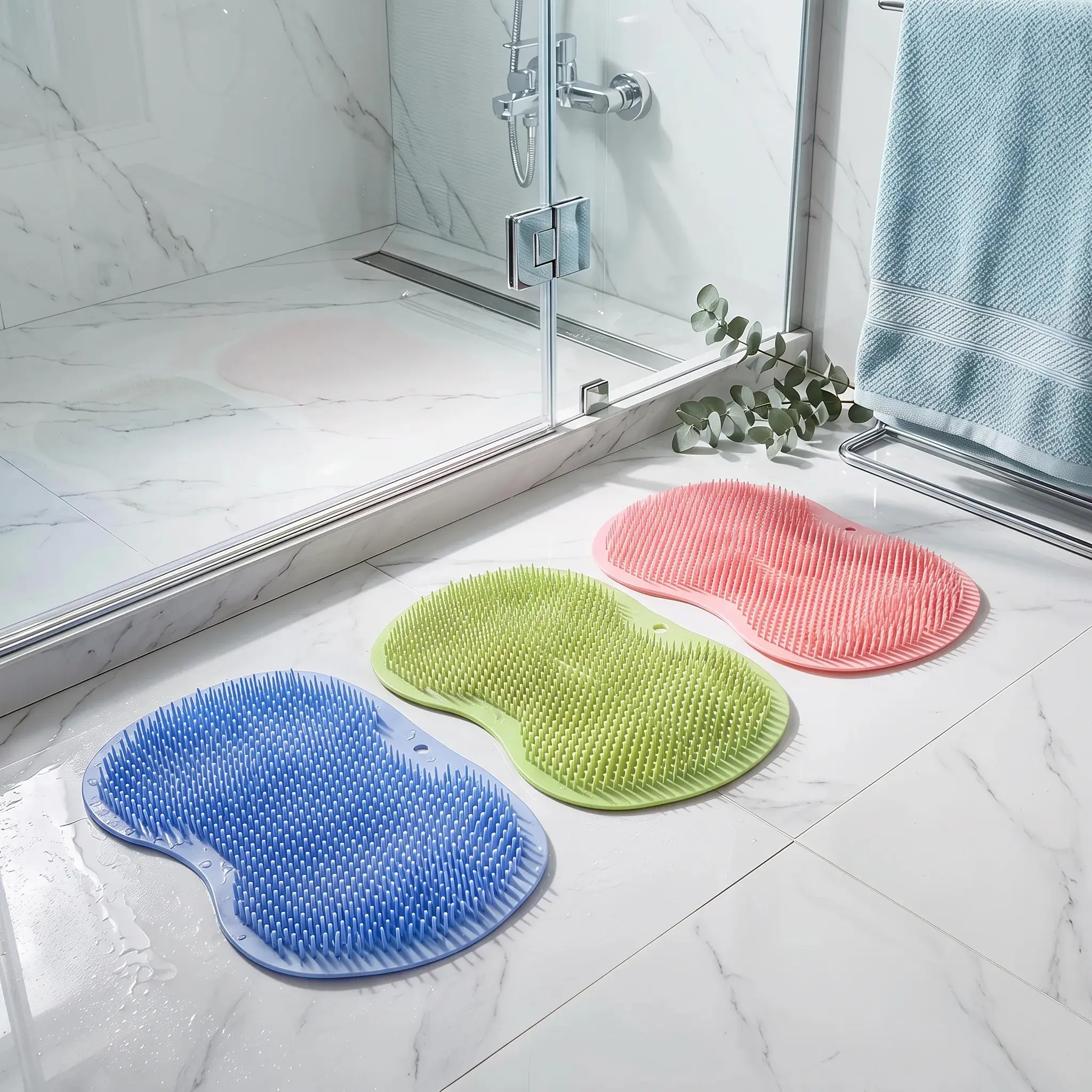 【SummerWins】Silicone Foot Scrubber Pad - Pink/Blue/Grey - Non-Slip Exfoliating Bath Mat for Feet Bathroom Necessities Personal