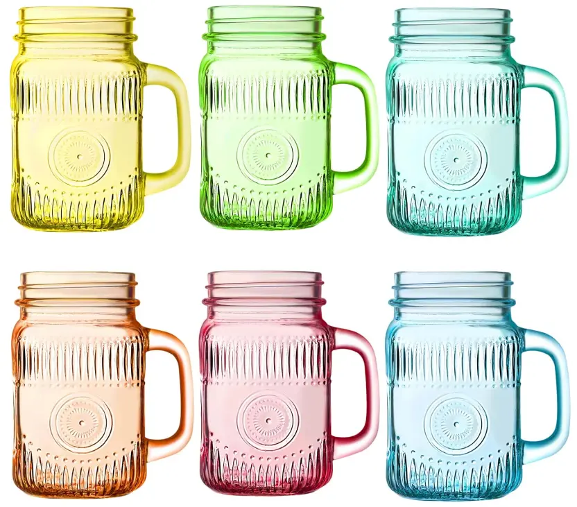 6 Pack Mason Jar Cups, Mason Jars With Handle(no lids), Drinking Glasses Cups, Glass Mugs with Handles 16 oz, Beverage