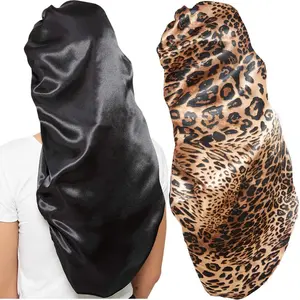 2 Pcs Hair Bonnets for Women Satin Black Leopard Soft Elastic Band Silky Sleeping Cap Big Bonnets for Braids Long Hair Protection