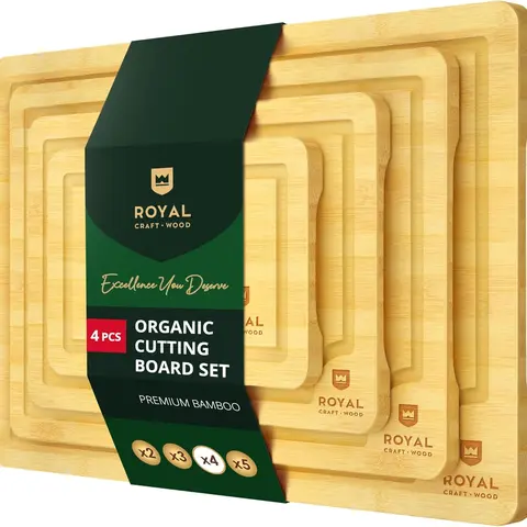 Royal Craft Wood Bamboo Cutting Board Set of 4, Sturdy Bamboo Chopping Boards for Kitchen - Wooden Cutting Boards with Juice Groove & Side Handles