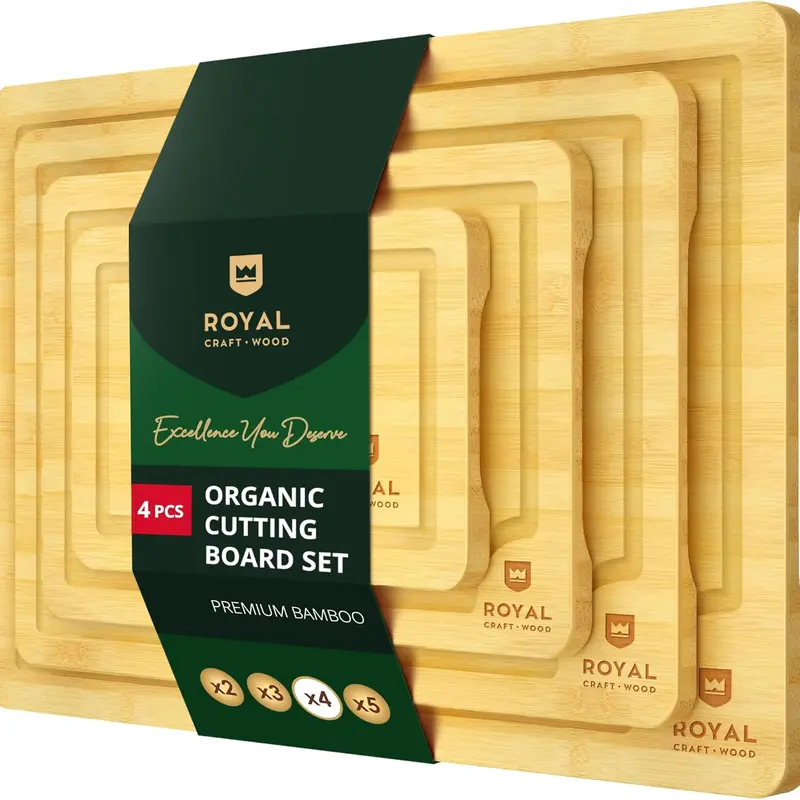 Royal Craft Wood Bamboo Cutting Board Set of 4, Sturdy Bamboo Chopping Boards for Kitchen - Wooden Cutting Boards with Juice Groove & Side Handles