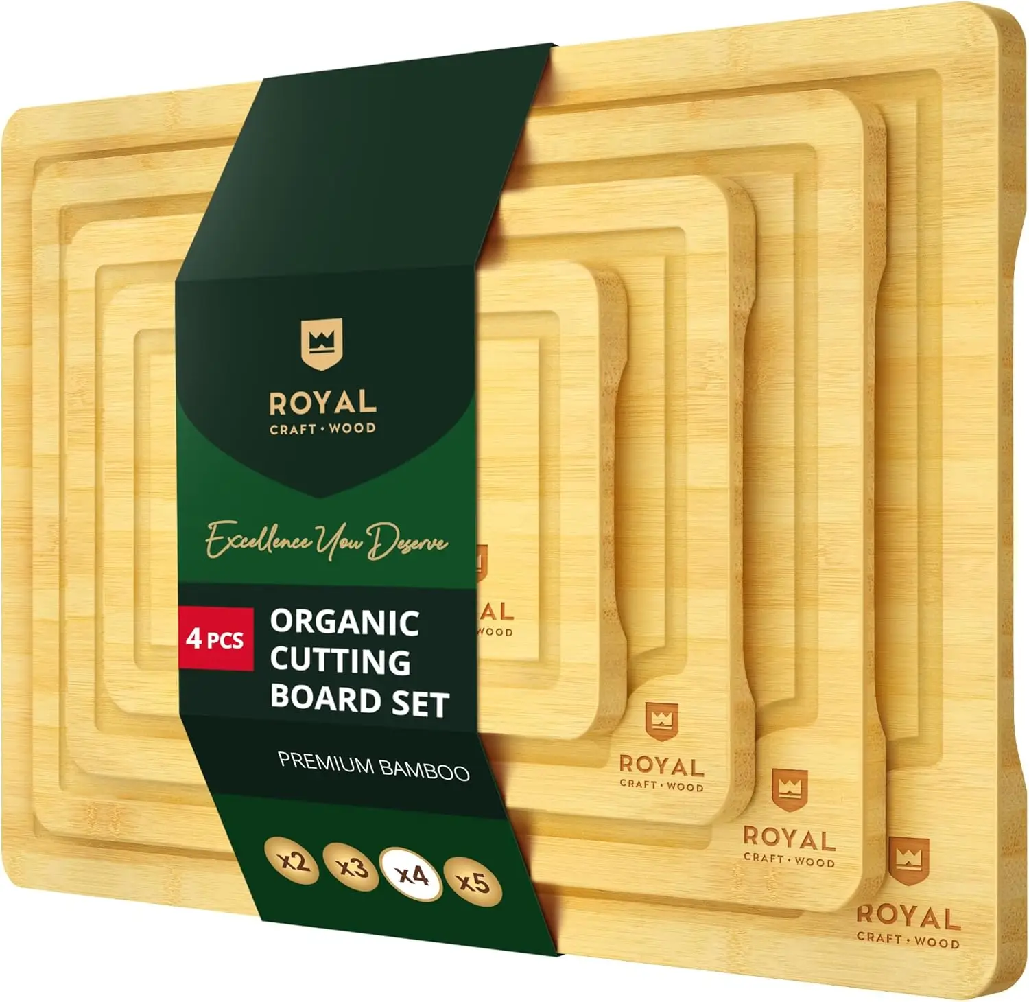 Royal Craft Wood Bamboo Cutting Board Set of 4, Sturdy Bamboo Chopping Boards fo...