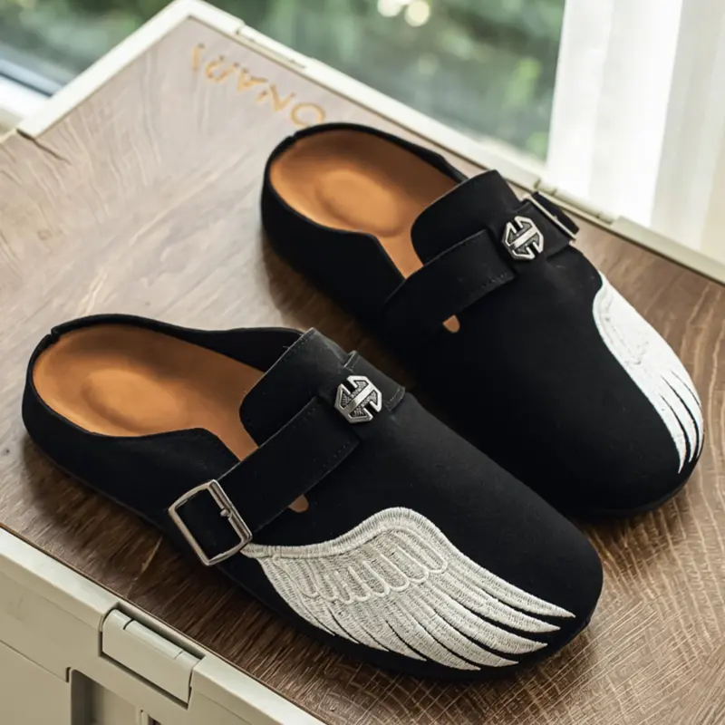 Men's Black Fashionable Trendy Clogs - 1 Pair Footwear, Suede Upper, Wing Detail, Adjustable Buckle, Round Toe, Cuban-Inspired Chic Slip-On Streetwear Mules, Casual Rubber Sole for Beach & Home Use