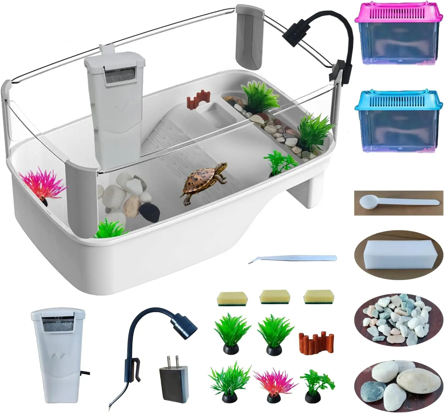 Small Turtle Tank Habitat Kit with Basking Platform, for Turtles, Crayfish, Crab, Aquatic Tortoise Enclosure Starter Aquarium, Pet Turtle Reptile Habitat