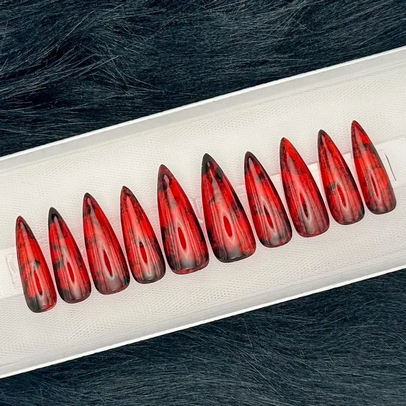 Red Jelly Press On Nails: Black Liquid Detail Red Jelly Press On Nails: Black Liquid Detail