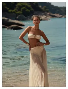 Beige Bikini Set for Women 3 Piece - Strapless Swimsuit with Sheer Cover Up - Summer Beach Outfits - Adjustable Triangle Tops - High Waisted Bottoms